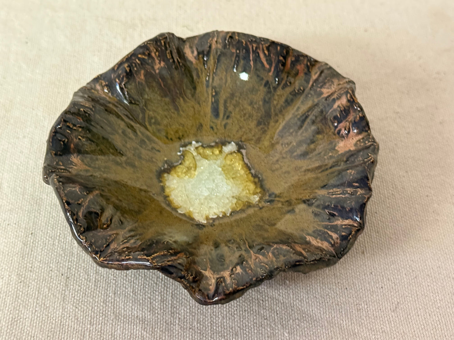 Ancient Copper Trinket Dish with Milk Glass