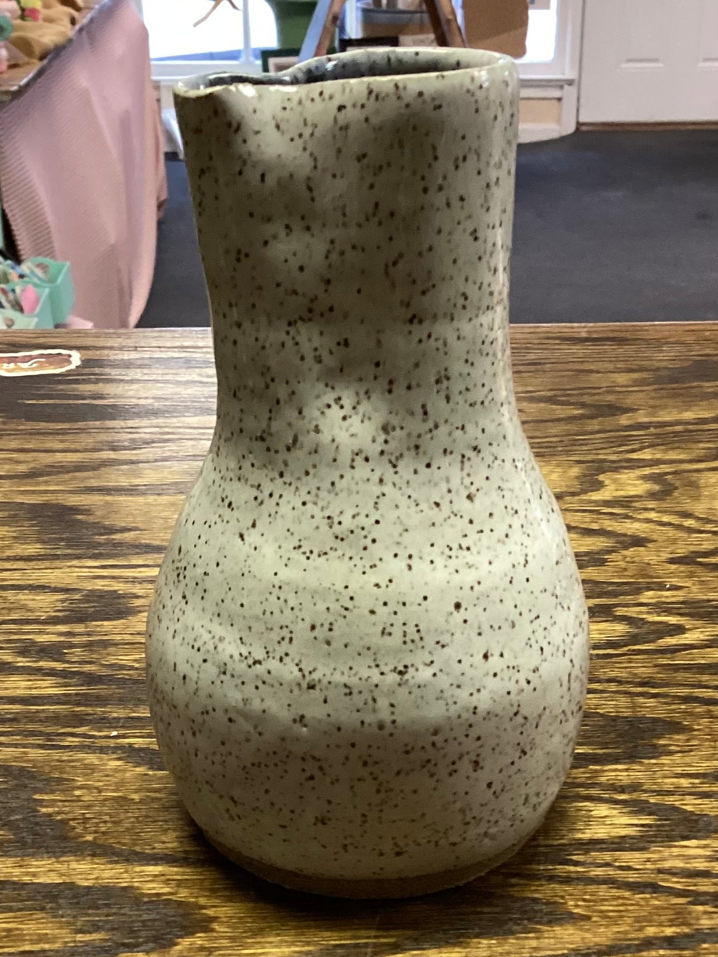 Short White Speckled Vase with pour spout