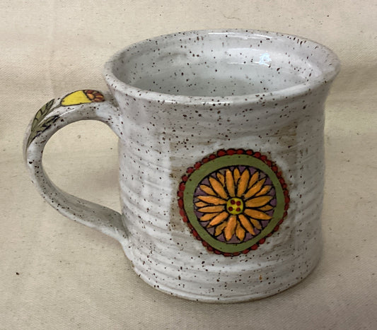 White Mug With Painted Flowers and Designs